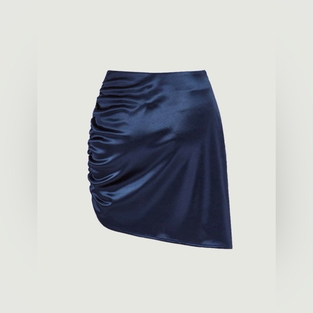 Navy Ruched Satin Mini Skirt